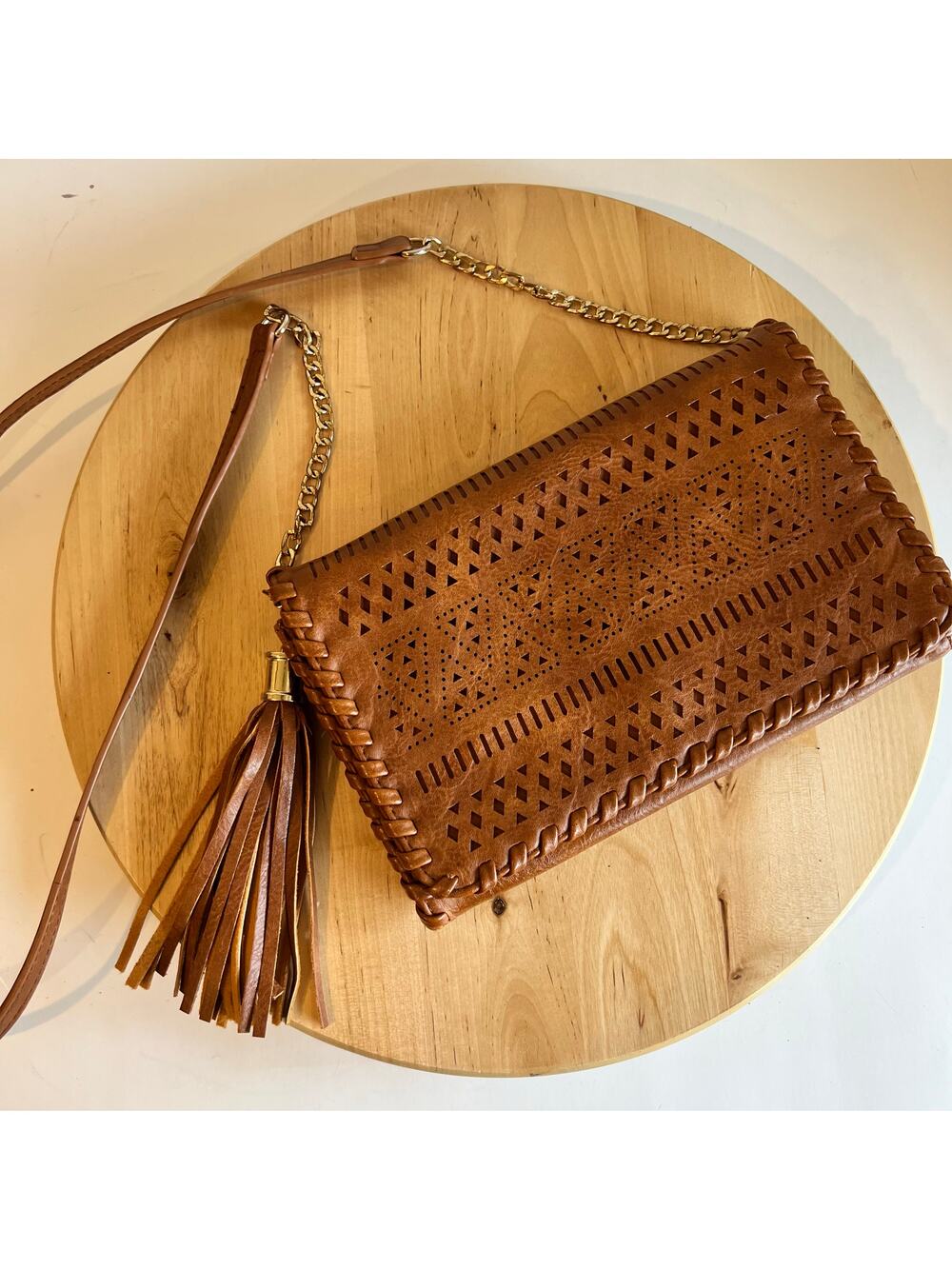 Brown Vegan Leather Boho Indie Tassel Crossbody Bag Small Madison West